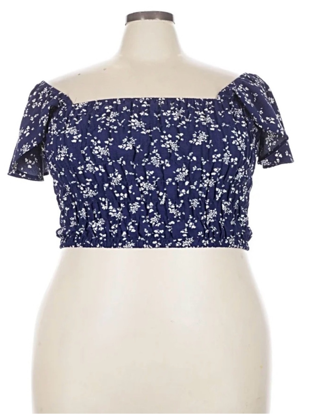 Lane Bryant Navy Blue White Floral Off-Shoulder Smocked Crop Top